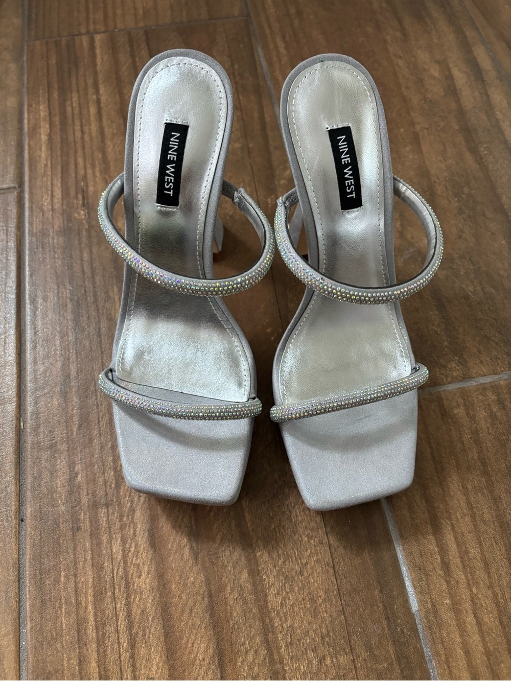 Nine West Adine Silver Sparkle Double-Strap Block Heel Sandals